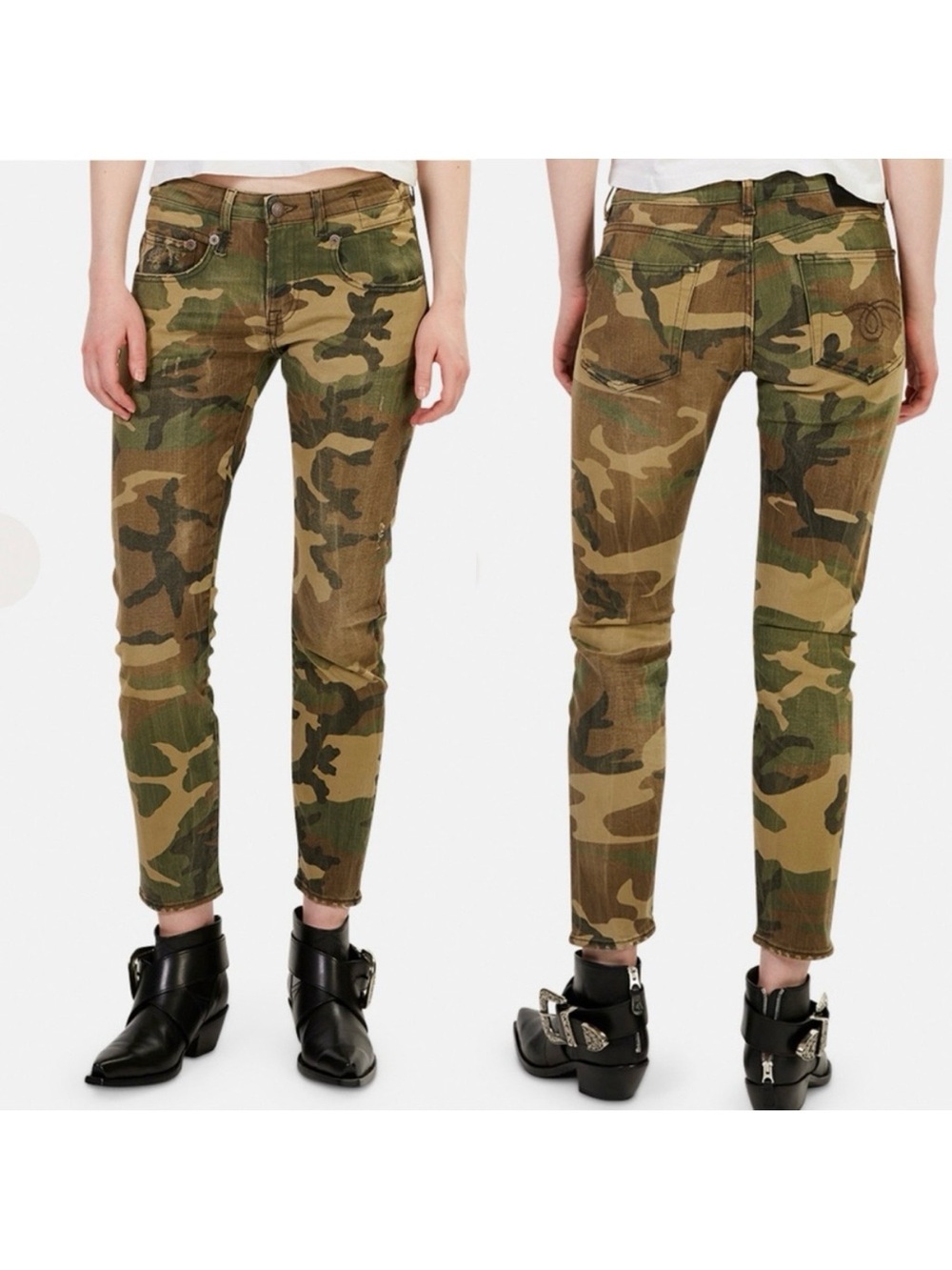 R13 Boy Skinny Jeans Beige Olive Green Camo